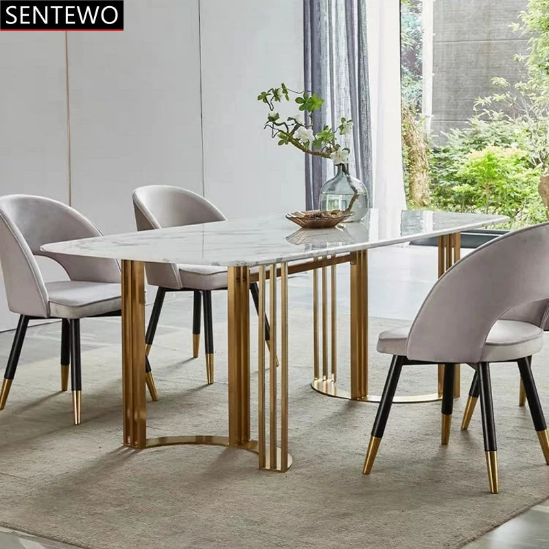 SENTEWO Ensemble de table à manger de luxe en marbre italien 6 chaises en acier inoxydable avec base plaquée or Meubles de maison Mesa Com 4 Cadeiras