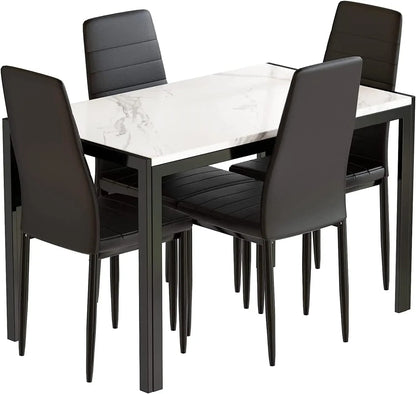 Juego de mesa de comedor de mármol para 4, mesa rectangular de imitación de mármol y 4 sillas de cuero PU, juego de mesa de cocina de 5 piezas Juegos de comedor