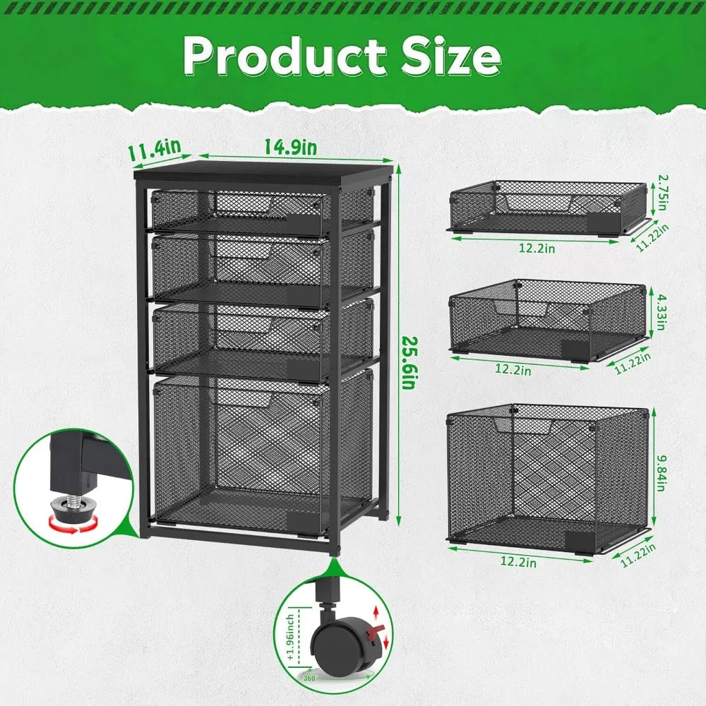 Carrito para archivos, archivador con 4 cajones de almacenamiento, organizador de carpetas de archivos colgante debajo del escritorio para el hogar, la oficina y la clase