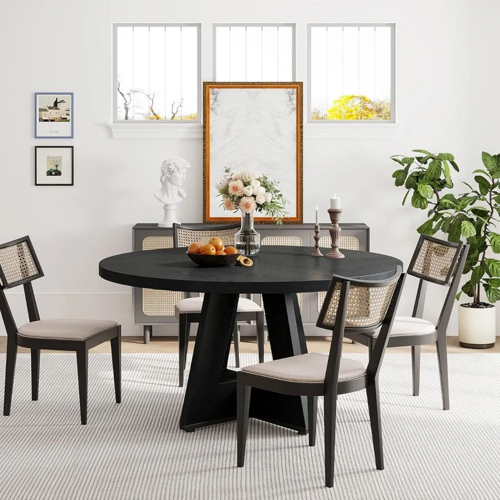 Mesa de comedor redonda de madera para cocina, mesa de comedor de 47 pulgadas para 4 personas, mesa de comedor estilo granja con tablero de madera, color negro