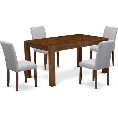 Juegos de comedor, juego de comedor de 5 piezas, que incluye una mesa rectangular de madera, 4 sillas de lino gris, juegos de comedor.