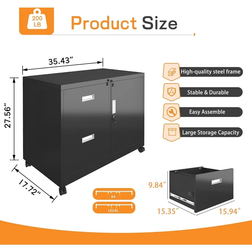 Gabinete de oficina de metal con 2 cajones y estantes ajustables, archivador lateral móvil con cerradura, soporte para impresora