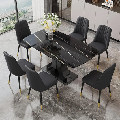 Juego de mesa de comedor moderno para 6 personas, juego de mesa y sillas de mármol para 6 personas, mesa rectangular con 6 sillas acolchadas de cuero sintético