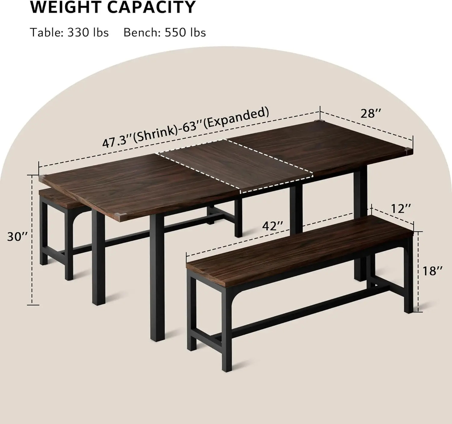 3 Pcs 63" Dining Table for 4-6, Extendable Dining Room Table with 2 Benches, Mid Century-Modern Kitchen Table Set