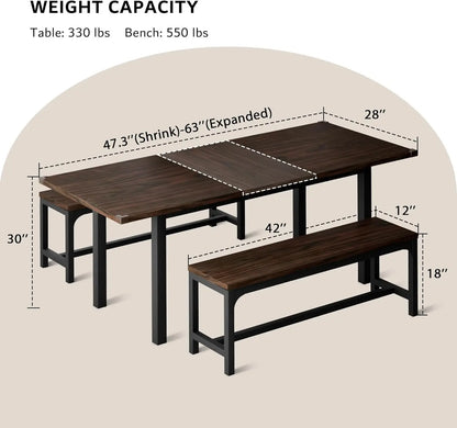 3 Pcs 63" Dining Table for 4-6, Extendable Dining Room Table with 2 Benches, Mid Century-Modern Kitchen Table Set