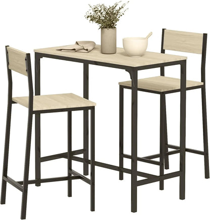 3 Piece Bar Table and Chairs, Industrial Dining Table Set for 2, Counter Height Kitchen Table with Bar stools