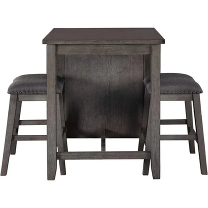 25" Counter Height Dining Room Table Set with 2 Saddle Barstools & Storage, Easy-to-Assembly,Gray Wash Finish