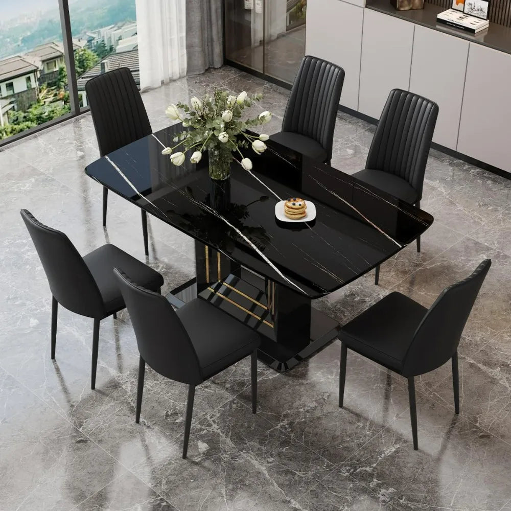 Juego de mesa de comedor para 6 personas, mesa y sillas para 6 personas, mesa con diseño de imitación de mármol negro con 6 sillas de comedor adecuadas para juegos de cocina