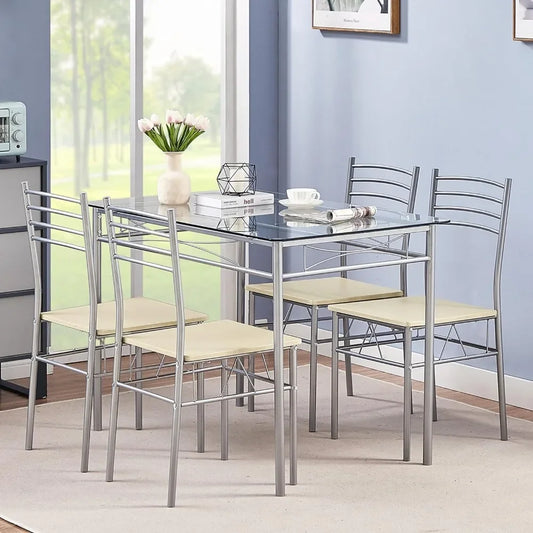 Mesa de comedor Juego de mesas y sillas para comedor Tapa de vidrio Silla plateada para espacios pequeños Juego de muebles para dormitorio Juegos de comedor