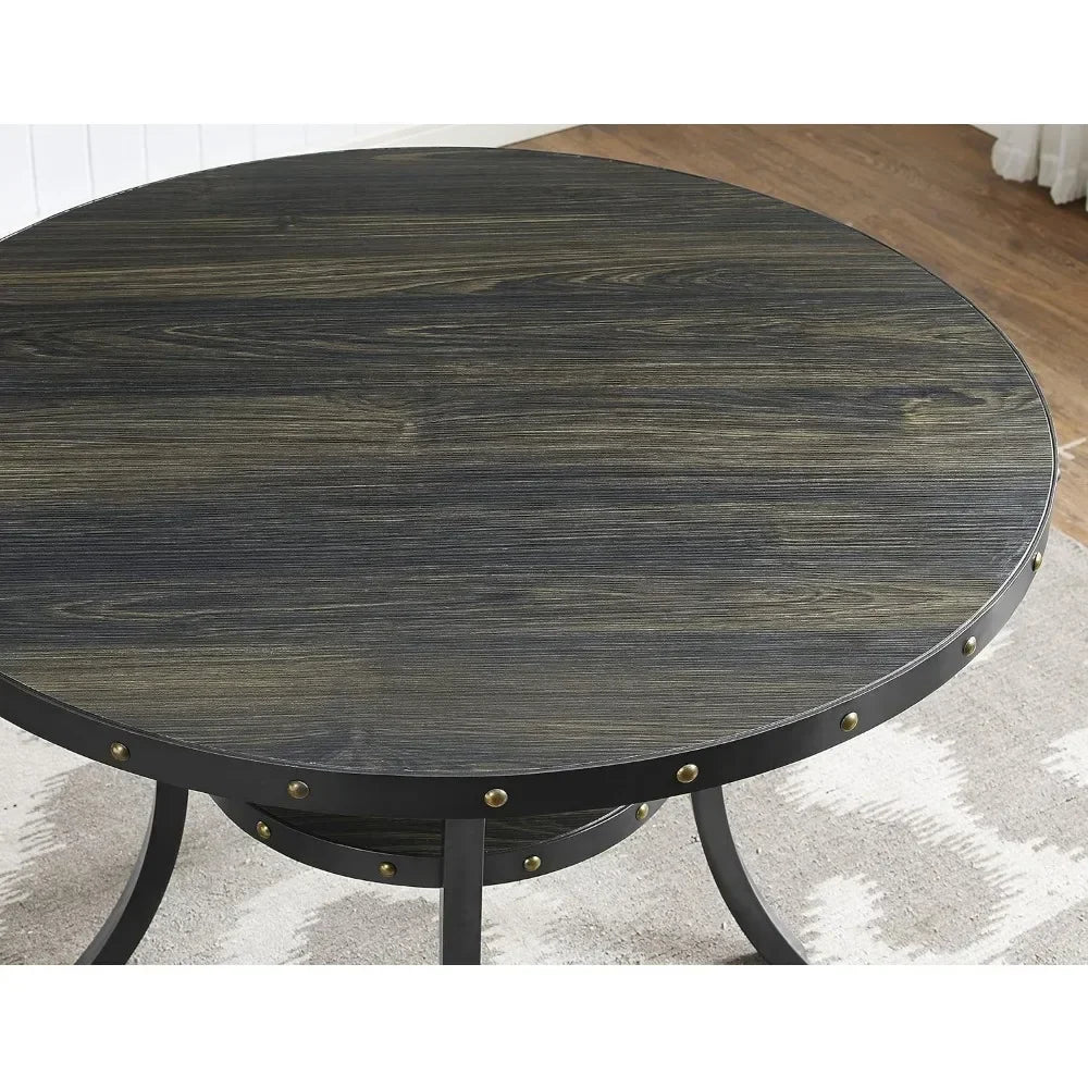 Juegos de mesas de comedor, Colección de muebles Biony Espresso Mesas de comedor altas de madera, Taburetes de tela con cabeza de clavo, Juego de comedor