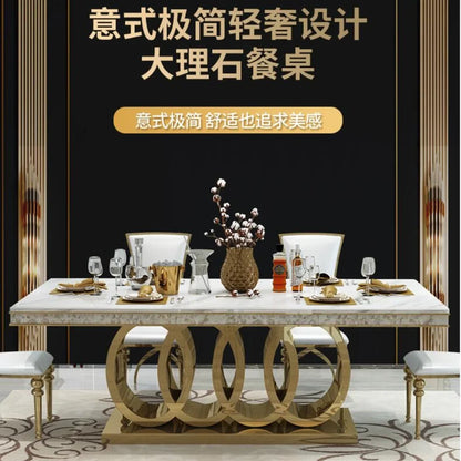 Modern Marble Top-Grade Dining Table And Chairs Combination Stainless Steel Crown Apartment Golden Carved Table Mesa Furniture