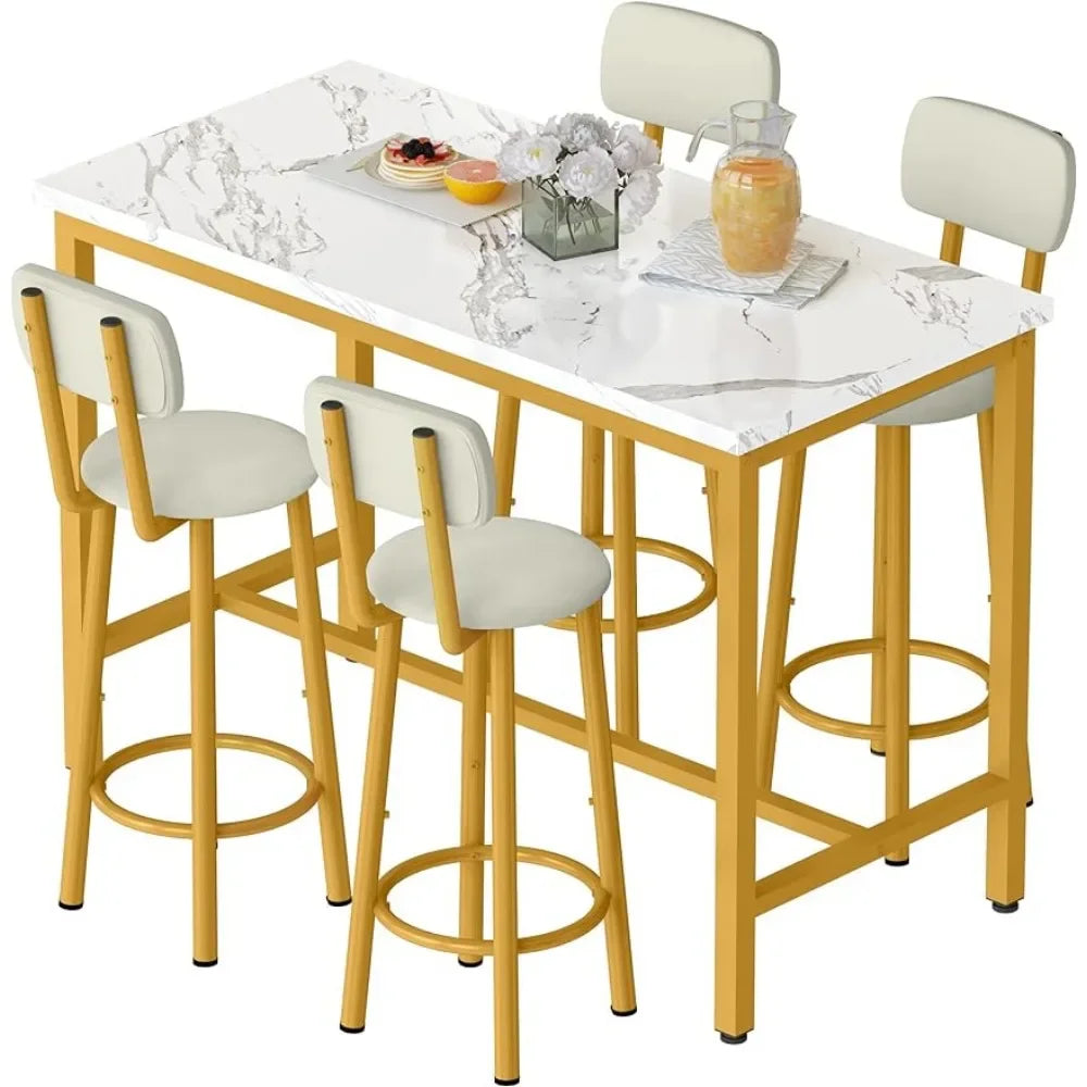 Mesa de comedor de imitación mármol con 4 sillas tapizadas en PU, mesa de desayuno de 5 piezas, mesa de bar y silla de respaldo con reposapiés