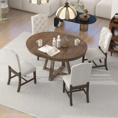 Juego de mesa de comedor extensible redonda con 4 sillas tapizadas, juego de comedor de cocina de 5 piezas con mesa redonda, juego de comedor de madera