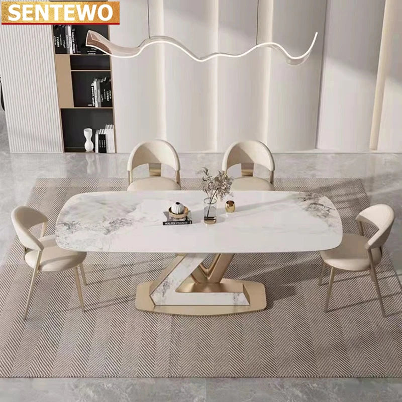 SENTEWO Tables à manger de luxe en marbre italien Ensemble de 4 chaises en métal émaillé titane Base dorée Meubles de maison Chaises Salle