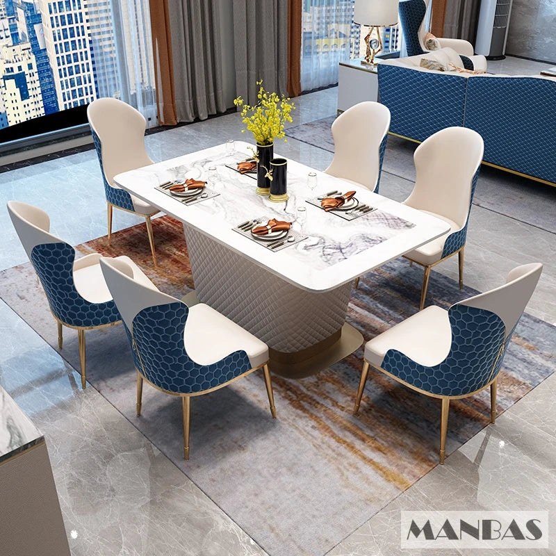 MANBAS Eleve su comedor con un juego de mesa de mármol con 6 sillas de cuero y muebles de cocina de diseño en acero inoxidable