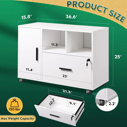 Lockable office filing cabinet, single drawer wooden horizontal filing cabinet with wheels, household open storage rack