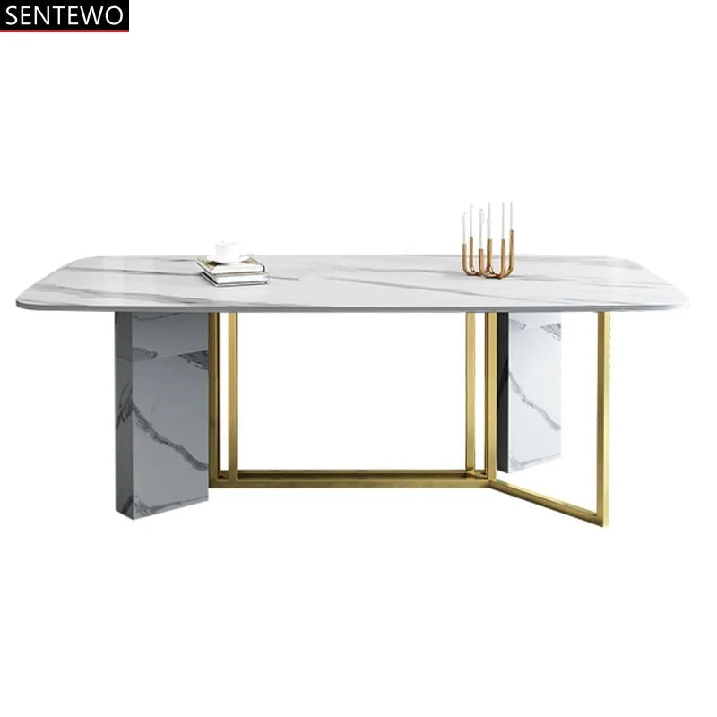 SENTEWO Free Shipping Italian Marble Dining Table Set With 4 6 Chairs Luxury Gold Frame With Stone Base Tables Room Furniture