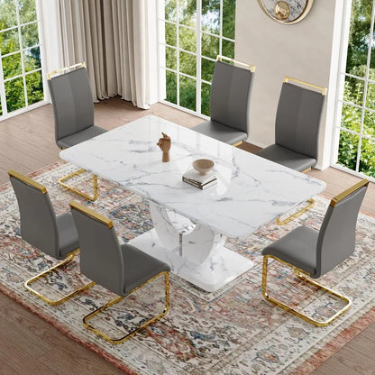 Juego de mesa de comedor de 6 piezas, juego de mesa de comedor de imitación de mármol blanco de 6 piezas, juego de mesa de cocina rectangular de 63 pulgadas, juego de 6 sillas para comedor, cocina y sala de estar