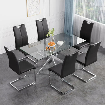 Juego de mesa de comedor para 6 personas, mesa moderna con tablero de vidrio templado y sillas de cuero sintético, juego de comedor de base plateada y color negro