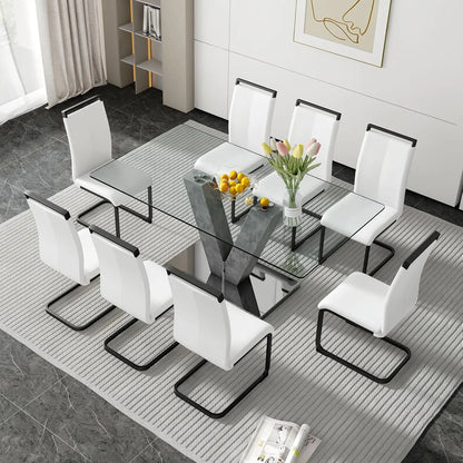 Juego de mesa de comedor para 8 personas, juego de mesa de comedor de vidrio dorado, mesa y 8 sillas de comedor tapizadas de cuero sintético, escritorio de comedor grande de 71''