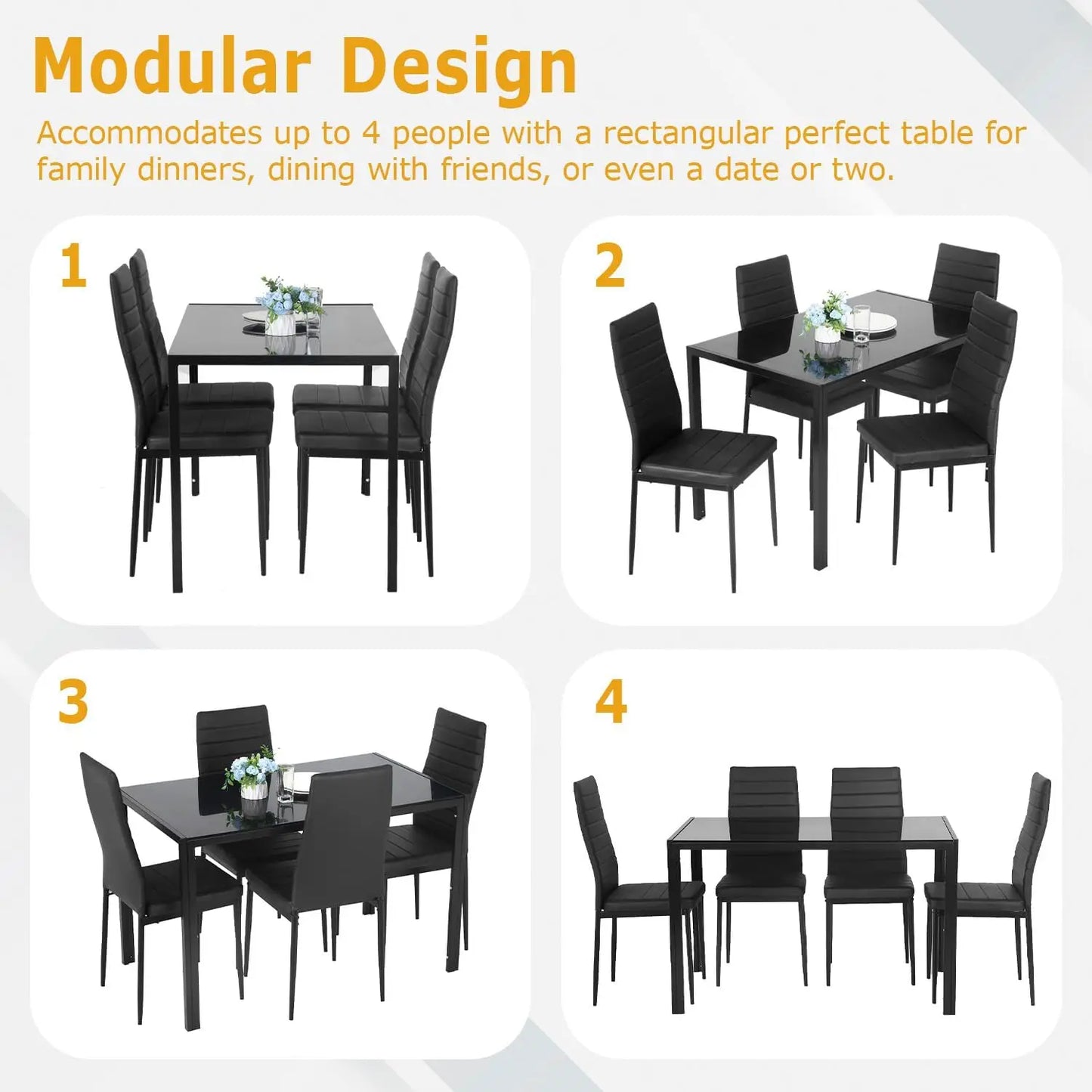 Juego de mesa de comedor de 5 piezas con tablero de vidrio y sillas tapizadas para 4 mesas de cocina modernas con espacio para sillas