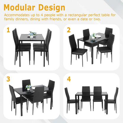 Juego de mesa de comedor de 5 piezas con tablero de vidrio y sillas tapizadas para 4 mesas de cocina modernas con espacio para sillas