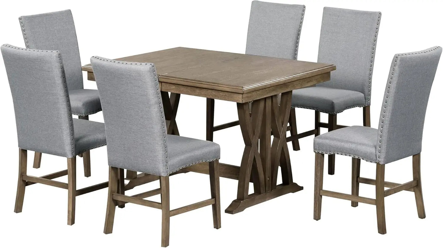 Juego de mesa de comedor de mediados de siglo con sillas y mesa extensible para 6 personas, juego de mesa de comedor grande de 7 piezas, color gris