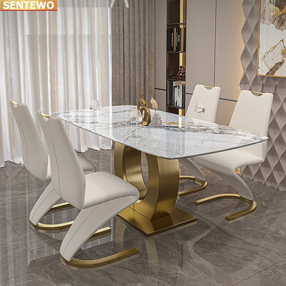 Juego de mesa de comedor de lujo de diseñador con losa de mármol y 8 sillas, mesa de comedor, muebles de mármol, base de acero inoxidable dorado