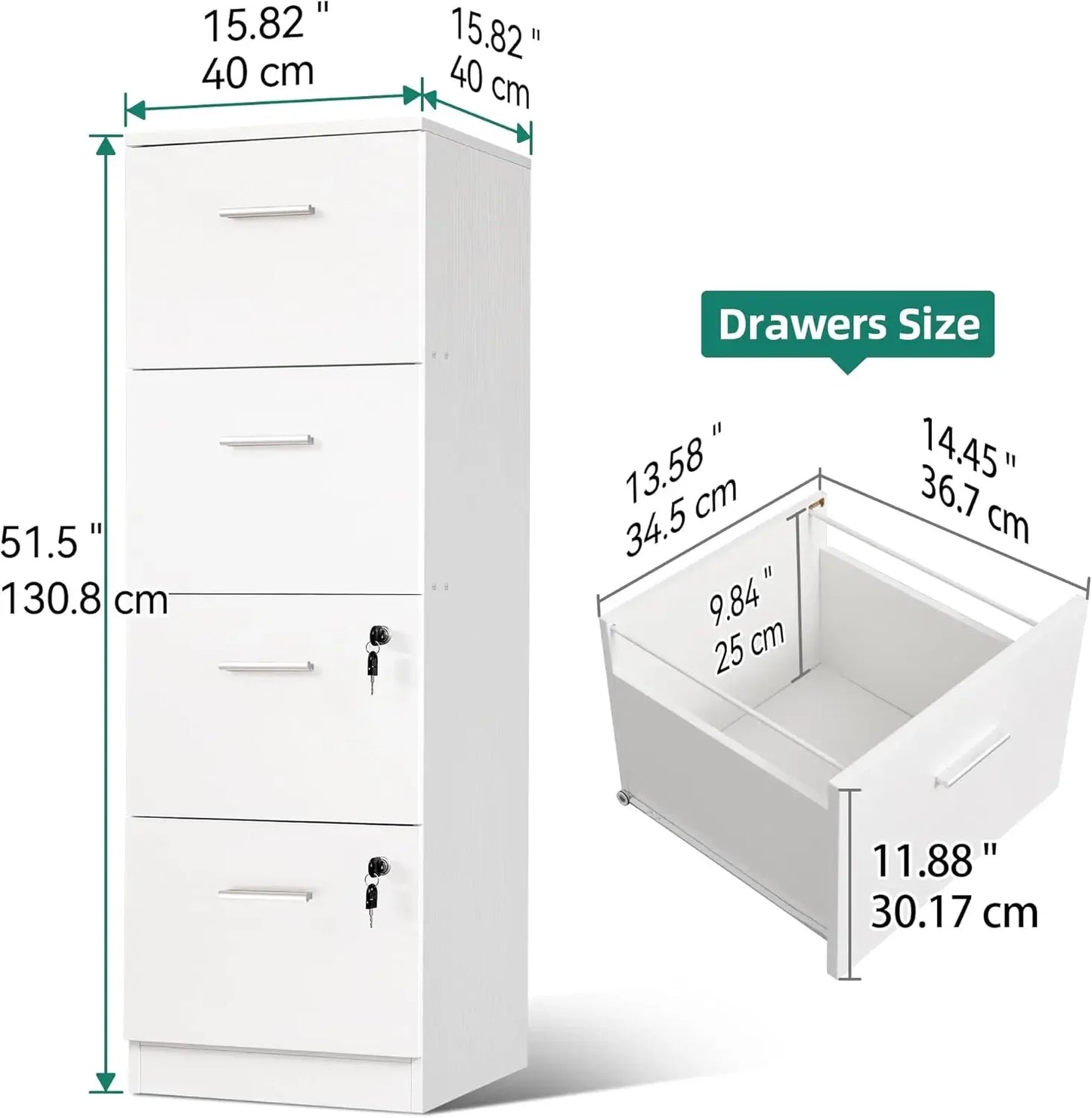 Classeur DWVO à 4 tiroirs avec serrure, classeur pour dossiers de format A4, lot de 2, amélioré, blanc