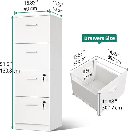 Classeur DWVO à 4 tiroirs avec serrure, classeur pour dossiers de format A4, lot de 2, amélioré, blanc