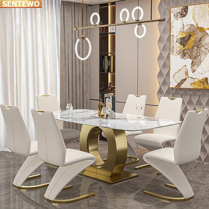 Juego de mesa de comedor de lujo de diseñador con losa de mármol y 8 sillas, mesa de comedor, muebles de mármol, base de acero inoxidable dorado