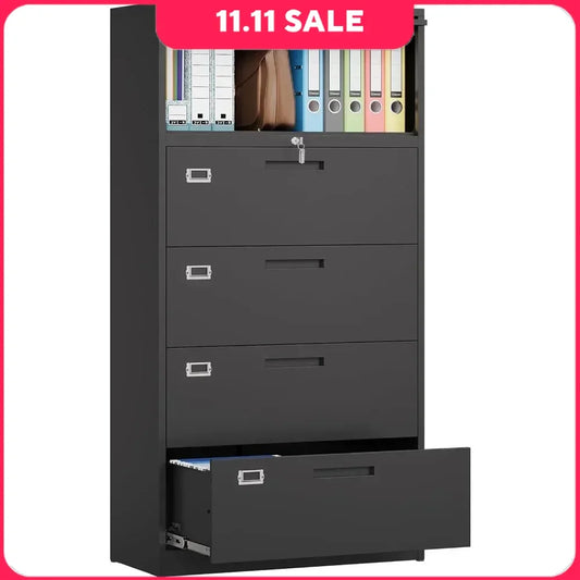 File Cabinet 4 Drawer with Top Shelf, , Metal Lateral with Lock, 1 Flip Up Door, Strong & Versatile for Home Office Cabine