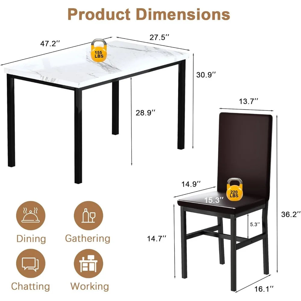 Juego de mesa de comedor para 4, juego de 4 sillas de cocina modernas, juego de mesa de comedor de mármol sintético para 4 que ahorra espacio de 5 piezas