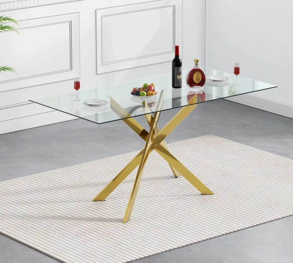 Juego de mesa de comedor de vidrio rectangular moderno de 5 piezas para 4 personas, mesa de comedor de 51" de largo con 4 sillas negras con mechones dorados de lujo