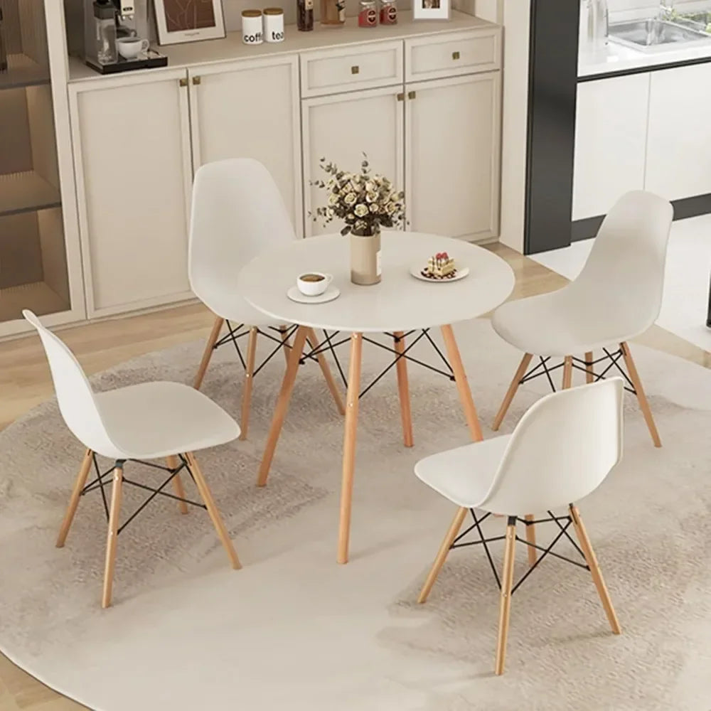 Juego de mesa de comedor redonda para 4 personas, juego de mesa de cocina con asiento y patas de madera maciza, mesa de cocina redonda y sillas para espacios pequeños, color blanco