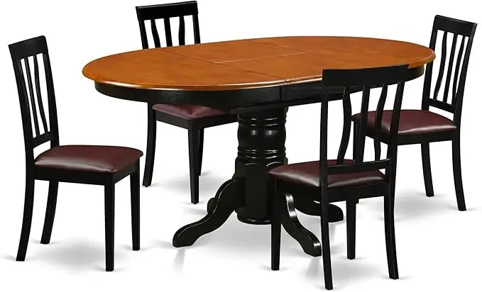 El juego de mesa de comedor de 7 piezas East West Furniture AVAT7-BLK-LC consta de una mesa de cocina ovalada con hojas de mariposa y 6 hojas de imitación L