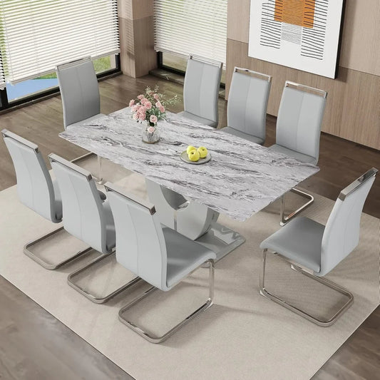 Juego de mesa de comedor moderna para 8 personas, juego de mesa de comedor de mármol gris para 8 personas, mesa de cocina y 8 sillas de comedor tapizadas de cuero sintético