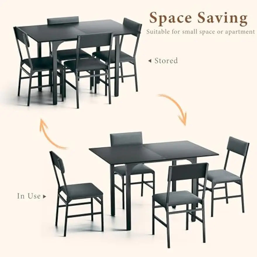 Ensemble de table à manger pour 4 personnes, ensemble de 4 chaises de cuisine extensibles avec coussins, rectangulaire avec cadre en métal et panneau MDF,