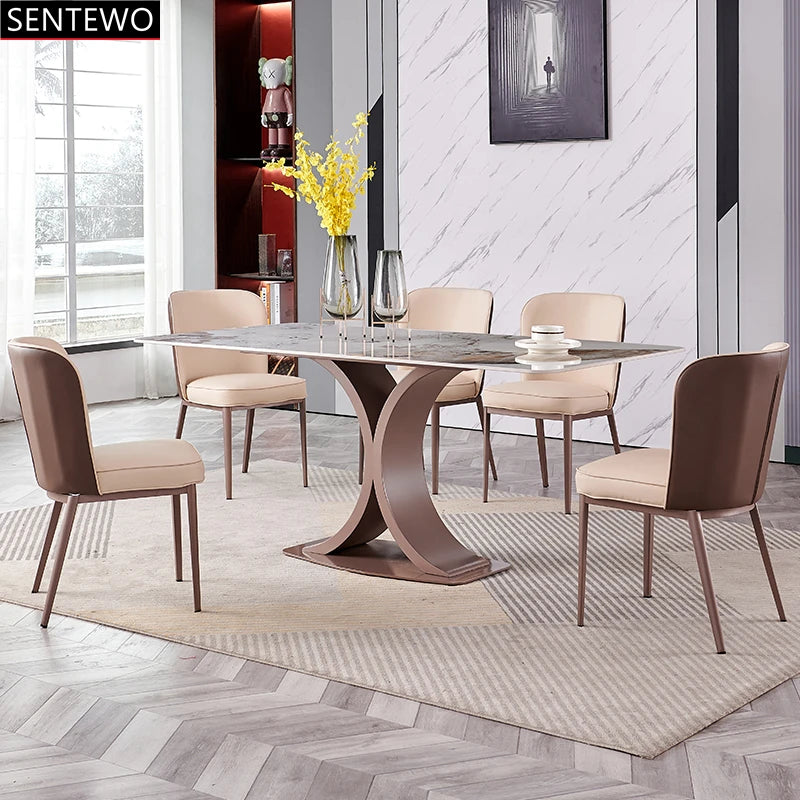 Mesa de comedor de lujo SENTEWO con losa de roca y silla de acero inoxidable con base de oro rosa y mármol sintético, muebles para cocina