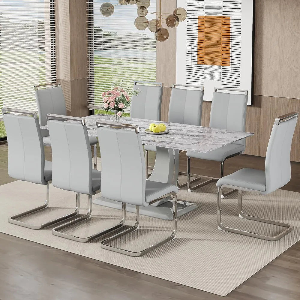 Juego de mesa de comedor moderna para 8 personas, juego de mesa de comedor de mármol gris para 8 personas, mesa de cocina y 8 sillas de comedor tapizadas de cuero sintético