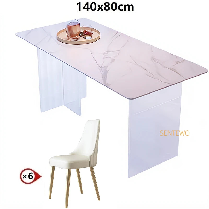 SENTEWO Free Shipping Marble Top Dining Table Set 4 Chairs Suspended Transparent Acrylic Base Tables Kitchen Home Furniture