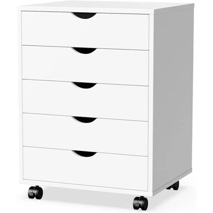 2023 New  5 Drawers, Wood File Cabinet Home Office Portable Mobile Storage, White