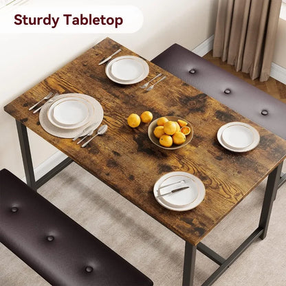 Juego de mesa de comedor para 4, mesa de cocina con bancos, juego de mesa de comedor rectangular con 2 bancos de madera y metal, juego de comedor de 3 piezas