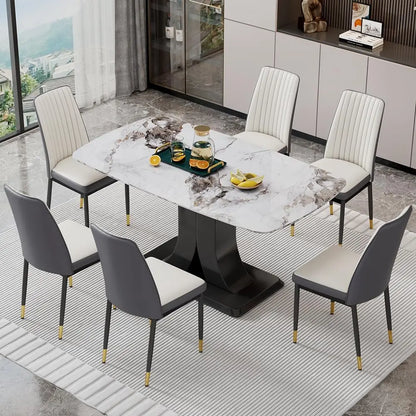 Juego de mesa de comedor moderno para 6 personas, juego de mesa y sillas de mármol para 6 personas, mesa rectangular con 6 sillas acolchadas de cuero sintético