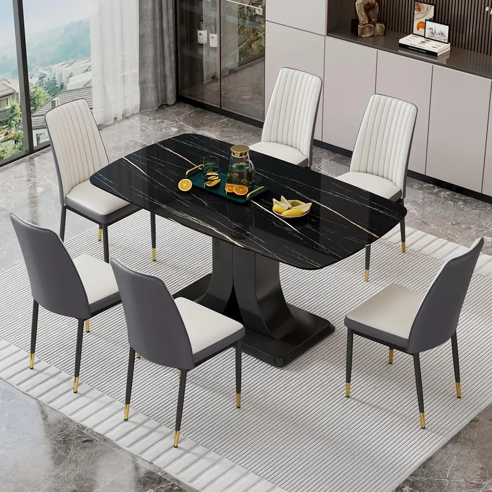 Juego de mesa de comedor moderno para 6 personas, juego de mesa y sillas de mármol para 6 personas, mesa rectangular con 6 sillas acolchadas de cuero sintético