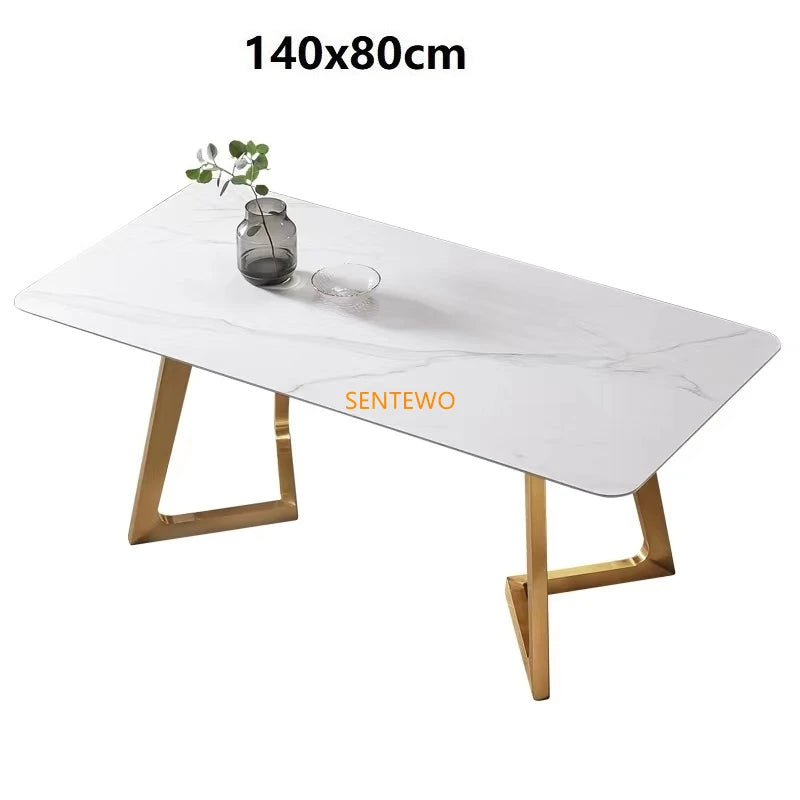 SENTEWO Luxury Rock Slab Kitchen Dining Table With Chair Set Stainless Steel Gold Base Faux Marble Top Table Mesa Com 6 Cadeiras