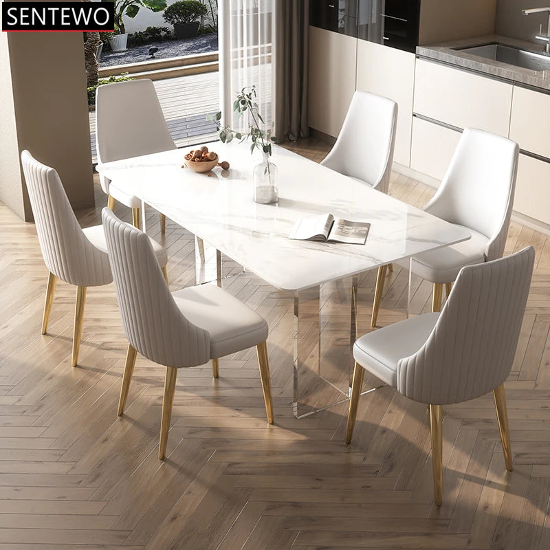 SENTEWO Free Shipping Marble Top Dining Table Set 4 Chairs Suspended Transparent Acrylic Base Tables Kitchen Home Furniture