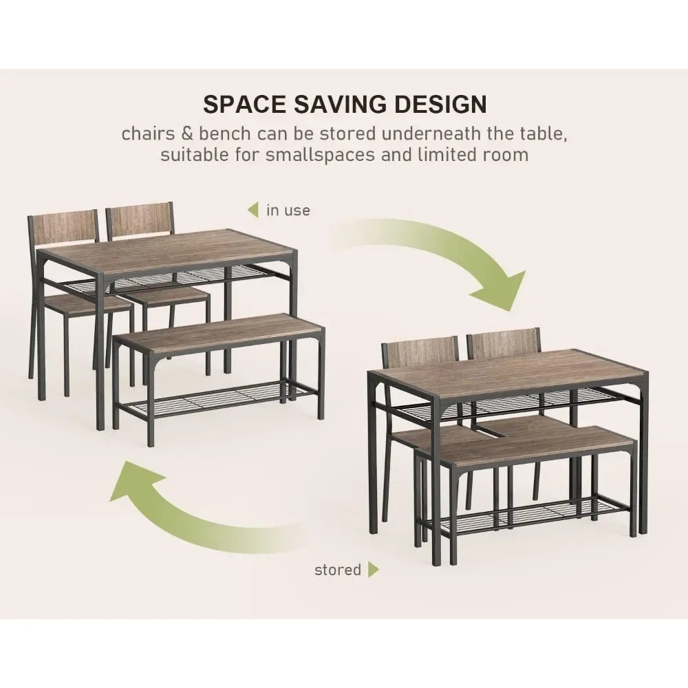 Juego de mesa de cocina moderna y 2 sillas para 4 personas con banco, juego de mesa de comedor rectangular de 4 piezas con almacenamiento para espacios pequeños, apartamentos