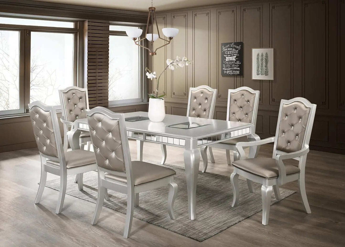 Juego de mesa de comedor para 6 personas, mesa de comedor rectangular con borde de espejo plateado y silla con botones en color champán, juego de muebles de lujo