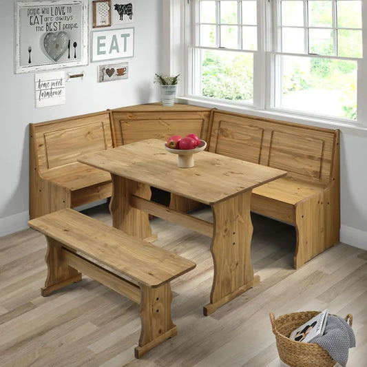 Wood Corner Dining Set 64.8" W x 19.9" D x 33.4" H- Farmhouse Table and Bench Set, Farmhouse Furniture for Dining Room - C